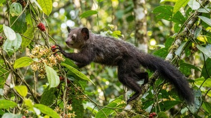 Naklejka premium A rare aye-aye lemur foraging for food among the lush green foliage of a tropical rainforest