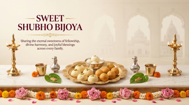 Sweet Shubho Bijoya panoramic website banner with traditional mishti naivedya bhog on brass plate with sandesh sweets pink lotus blossoms brass lamps and luxury greeting typography for hindu festival