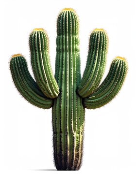 A large, green, multi-armed succulent plant with yellow flower tips on a white background