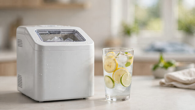 modern silver ice maker producing clear cubes next to refreshing lime and lemon infused water in a glass