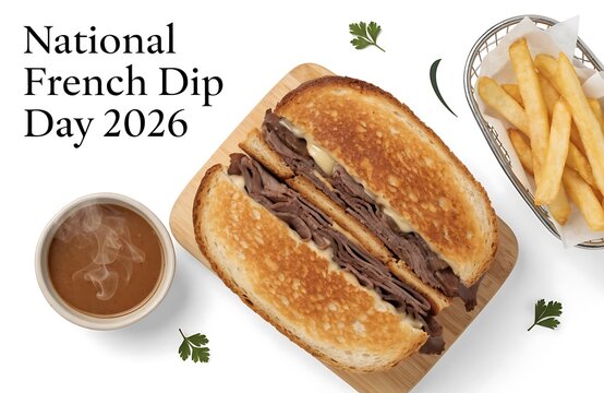 National french dip day concept with roast beef sandwich and au jus bowl