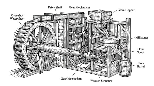 Vintage Watermill Mechanism Diagram
