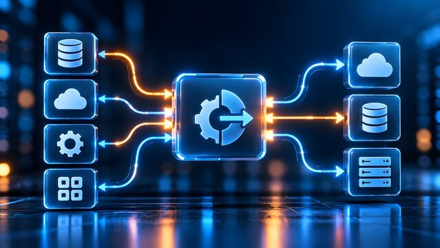 Holographic digital processor icon serving as central hub routing information between database servers and cloud storage in virtual network