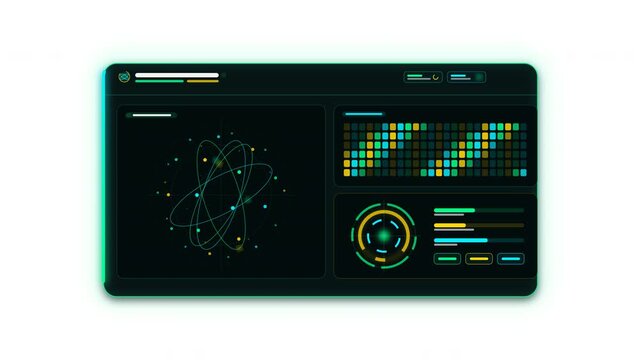 Ultra-premium dark quantum nanotech UI panel overlay featuring a 3D rotating atomic orbit nucleus, floating energy particle cloud, circular DNA sequencer, and traveling luminous perimeter light agains