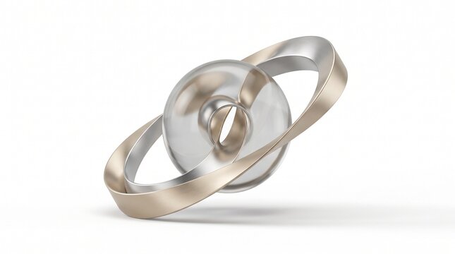 Futuristic abstract 3D geometric shape, metallic silver mobius ring surrounding glass sphere, minimalist design element for tech presentation