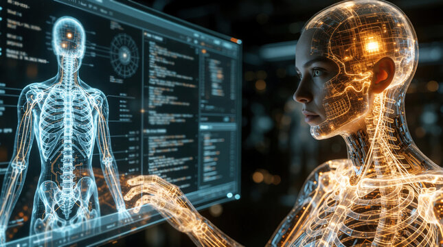Futuristic female android with transparent skin uses holographic interface to analyze human skeletal system. Advanced AI agent performs digital medical scan on digital screen. Superintelligent