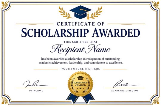 Professional certificate of scholarship template, elegant academic award diploma with gold seal, graduation recognition document