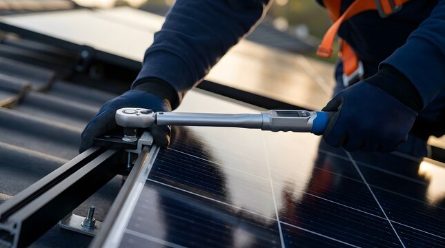 Technician Installing Solar Panel in Outdoor Setting with Tools and Gloves