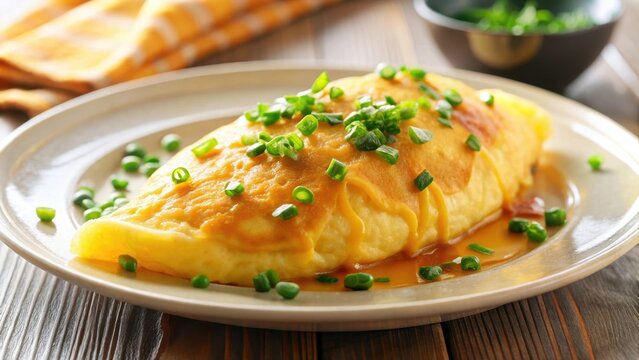A steaming hot japanese omurice omelette rests majestically on a pristine white plate adorned with delicate chives