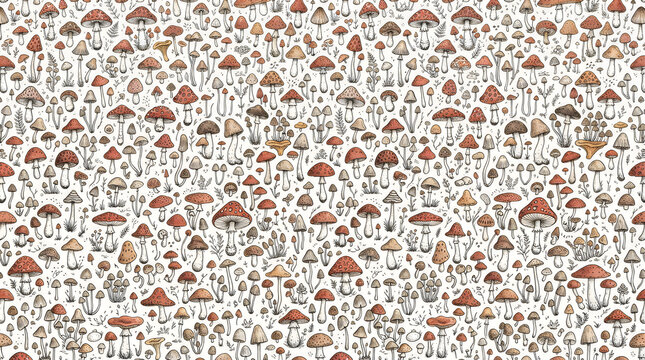 Hand drawn woodland mushroom pattern featuring various forest fungi
