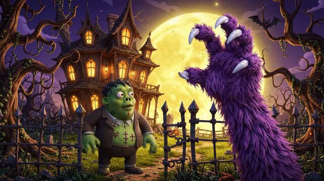 Animated green monster encounters fuzzy purple claw at haunted house
