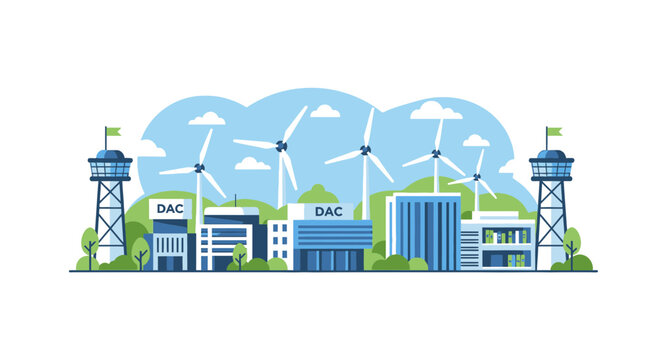 Direct Air Capture (DAC) Plant and Wind Turbines Illustration for Carbon Removal and Clean Energy