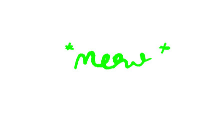 Green hand drawn meow lettering doodle illustration, cute cat sound text sketch with stars, funny pet quote typography isolated on white background for t-shirt, sticker and cat lover design © Silent