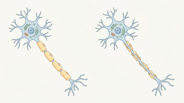 Comparative diagram of a healthy nerve cell and a neuron with a destroyed myelin sheath in pathology
