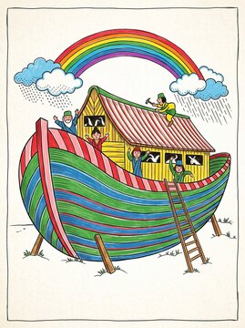 Noah's Ark with colorful rainbow, animals, and people in children's book illustration style