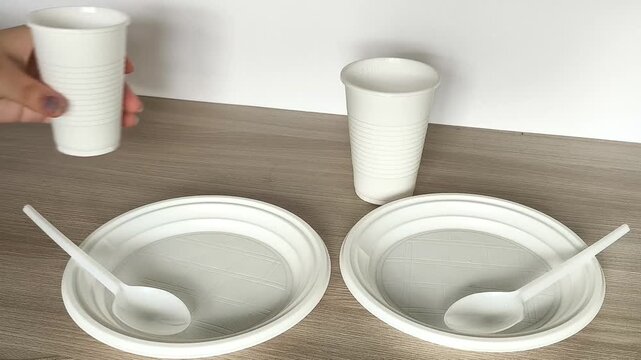 Woman placing disposable plastic tableware on a table, including plates, cups and spoons, for convenient use at home or in a cafe.