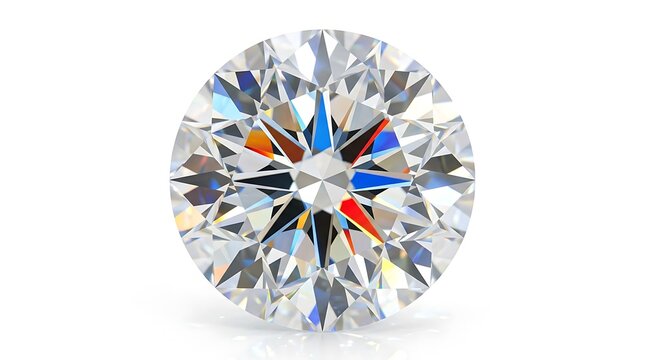 Round Brilliant Cut Diamond with Colorful Light Dispersion and Facets Isolated on White Background, Luxury Gemstone Jewelry Concept