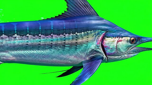 Majestic swordfish swimming gracefully with powerful tail movements against a bright green screen background for easy keying