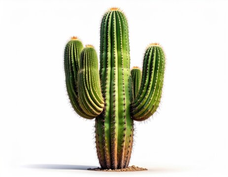 Tall, multi-armed green succulent with prickly ribs and fuzzy tips on white