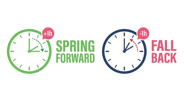 Daylight saving time clock icons showing spring forward and fall back with hour adjustment signs for seasonal changes