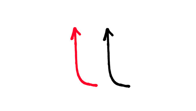 Red and black hand drawn upward curved arrows pair doodle illustration, rising turn sketch, direction pointer symbols isolated on white background for infographic and web design