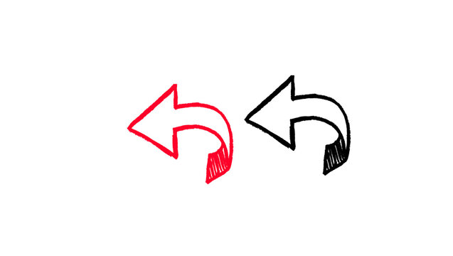 Red and black hand drawn outline curved back arrows pair doodle illustration, u-turn return sketch, direction pointer symbols isolated on white background for infographic and web design