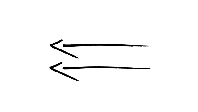 Black hand drawn long left arrows pair doodle illustration, double line back sketch, direction pointer symbols isolated on white background for infographic and web design