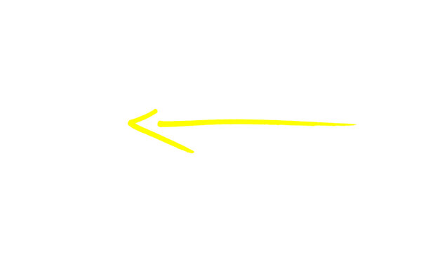 Yellow hand drawn long thin left arrow doodle illustration, minimal back sketch, direction pointer symbols isolated on white background for infographic and web design