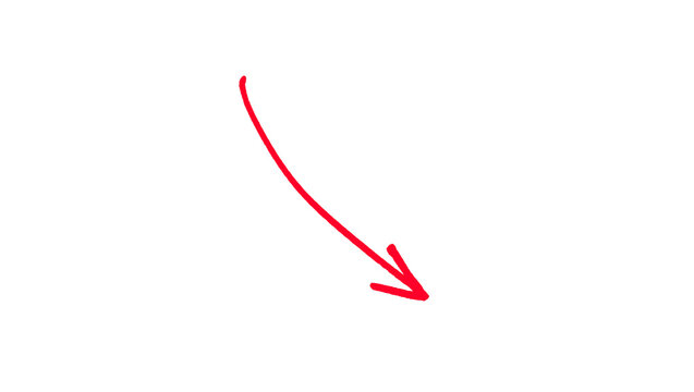 Red hand drawn single diagonal arrow pointing down right doodle illustration, curved downward sketch, direction pointer symbols isolated on white background for infographic and web design