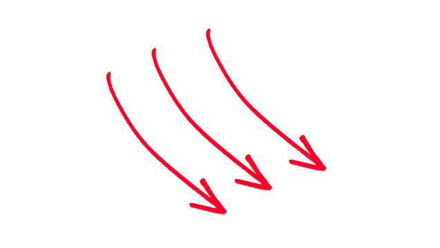 Red hand drawn diagonal arrows trio pointing down right doodle illustration, curved downward sketch, direction pointer symbols isolated on white background for infographic and web design