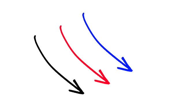 Red, blue and black hand drawn diagonal arrows pointing down right doodle illustration, curved downward sketch, direction pointer symbols isolated on white background for infographic and web design