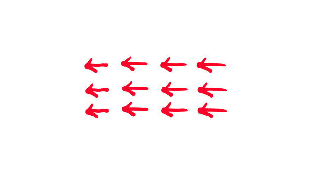 Red hand drawn small left arrows pattern grid doodle illustration, repeating back arrow sketch, direction pointer symbols isolated on white background for infographic and web design