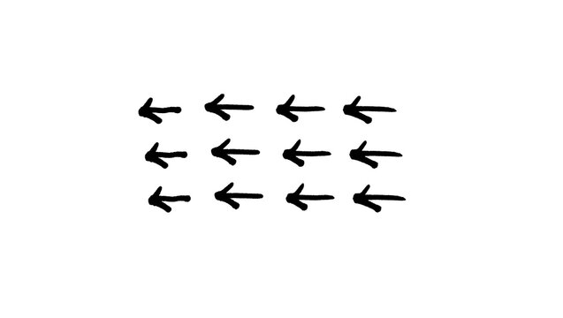 Black hand drawn small left arrows pattern grid doodle illustration, repeating back arrow sketch, direction pointer symbols isolated on white background for infographic and web design