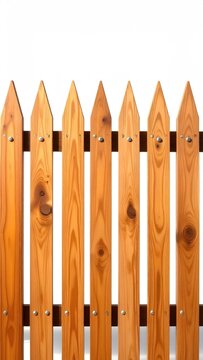 Picket fence detail, natural wood, pointed tips, against white