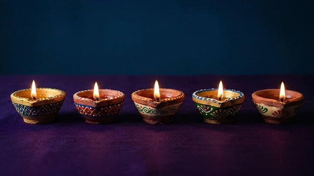 Five traditional clay oil lamps burning with warm flickering flames aligned in a row on a dark purple surface during a cultural celebration festival