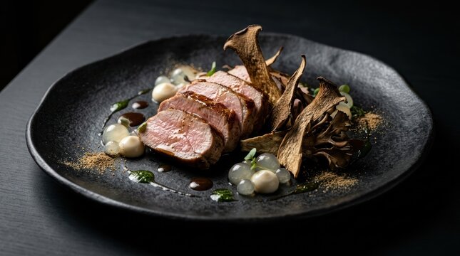 Plating a sophisticated veal dish. Presenting tender meat slices with delicate maitake mushrooms. Onion pearls. And modern culinary garnishes on a dark textured plate