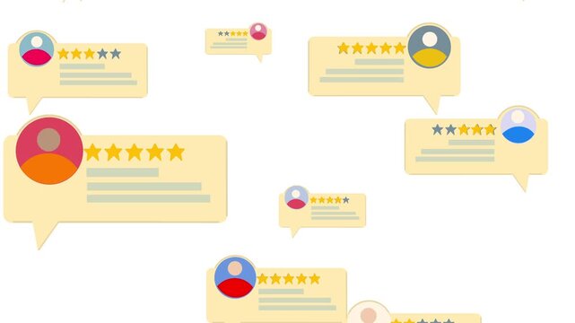 Animated customer reviews and star ratings with multiple customer icons and review speech bubbles moving vertically, illustrating feedback, satisfaction, and online reputation.