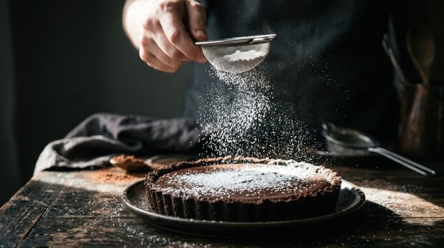 Hand dusting powdered sugar through a sifter onto a rich chocolate tart on a dark wooden surface, capturing artisan baking, garnish technique and homemade dessert preparation