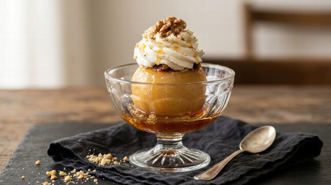 Tufahija dessert presenting a sweet poached apple filled with ground walnuts and sugar syrup, garnished with a generous swirl of whipped cream and a whole walnut