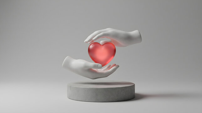 Minimalist 3D render representing chairty, featuring white hands gently protecting a glowing red heart shape