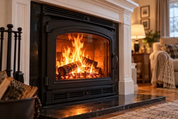 Naklejka premium A cozy, glowing fireplace with crackling flames behind a glass door inside a bright home interior.