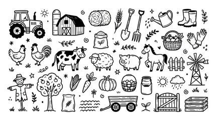 Fototapeta premium Hand Drawn Farm Life Elements Collection Featuring Livestock Animals Agricultural Tools And Rustic Countryside Barn Infrastructure Icons