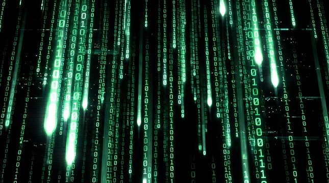 Abstract green digital binary code streaming down vertically on a dark background, creating a futuristic technology and cyber security background.
