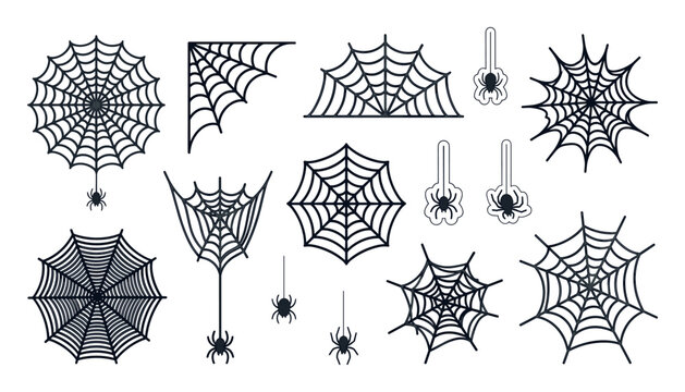 Halloween spider web silhouette graphics set. Cobwebs, spiders hanging on threads, corners, spooky background patterns and holiday decoration elements.