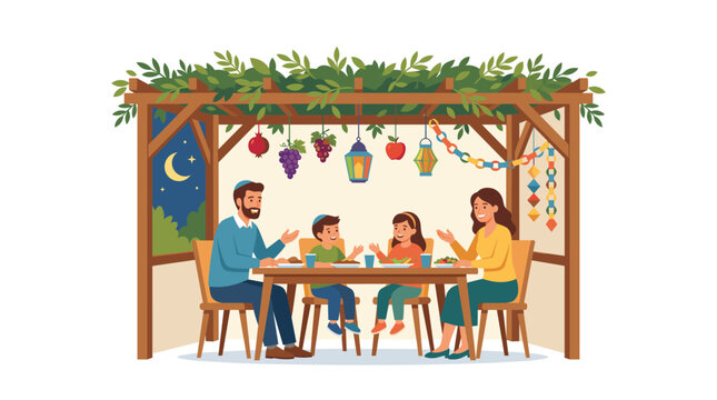 A clean, isometric vector illustration depicting the ritual objects of Sukkot, known as the Four Species. The image includes a lulav bundle made of a closed palm frond, willow branches, and myrtle twi