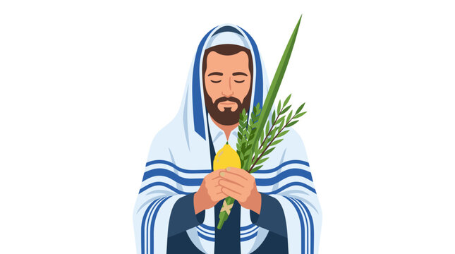 A clean, isometric vector illustration depicting the ritual objects of Sukkot, known as the Four Species. The image includes a lulav bundle made of a closed palm frond, willow branches, and myrtle twi