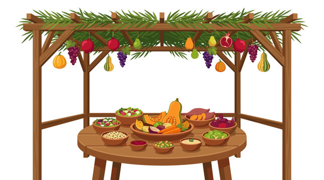 A clean, isometric vector illustration depicting the ritual objects of Sukkot, known as the Four Species. The image includes a lulav bundle made of a closed palm frond, willow branches, and myrtle twi