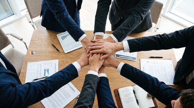 Group of business people stacking hands together in unity symbolizing teamwork collaboration partnership agreement and successful corporate strategy meeting.