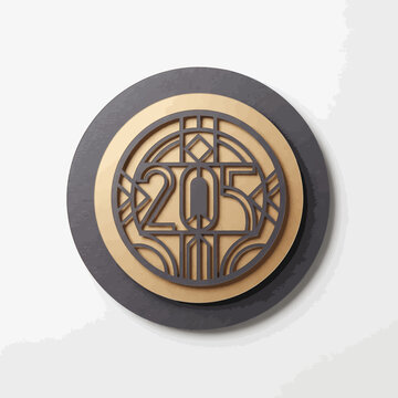 Art Deco Style Emblem with Number 205 and Geometric Patterns in Gold and Dark Gray