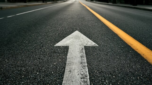 Road Forward: A white arrow painted on a dark asphalt road points straight ahead, symbolizing direction, progress, and the journey into the unknown.